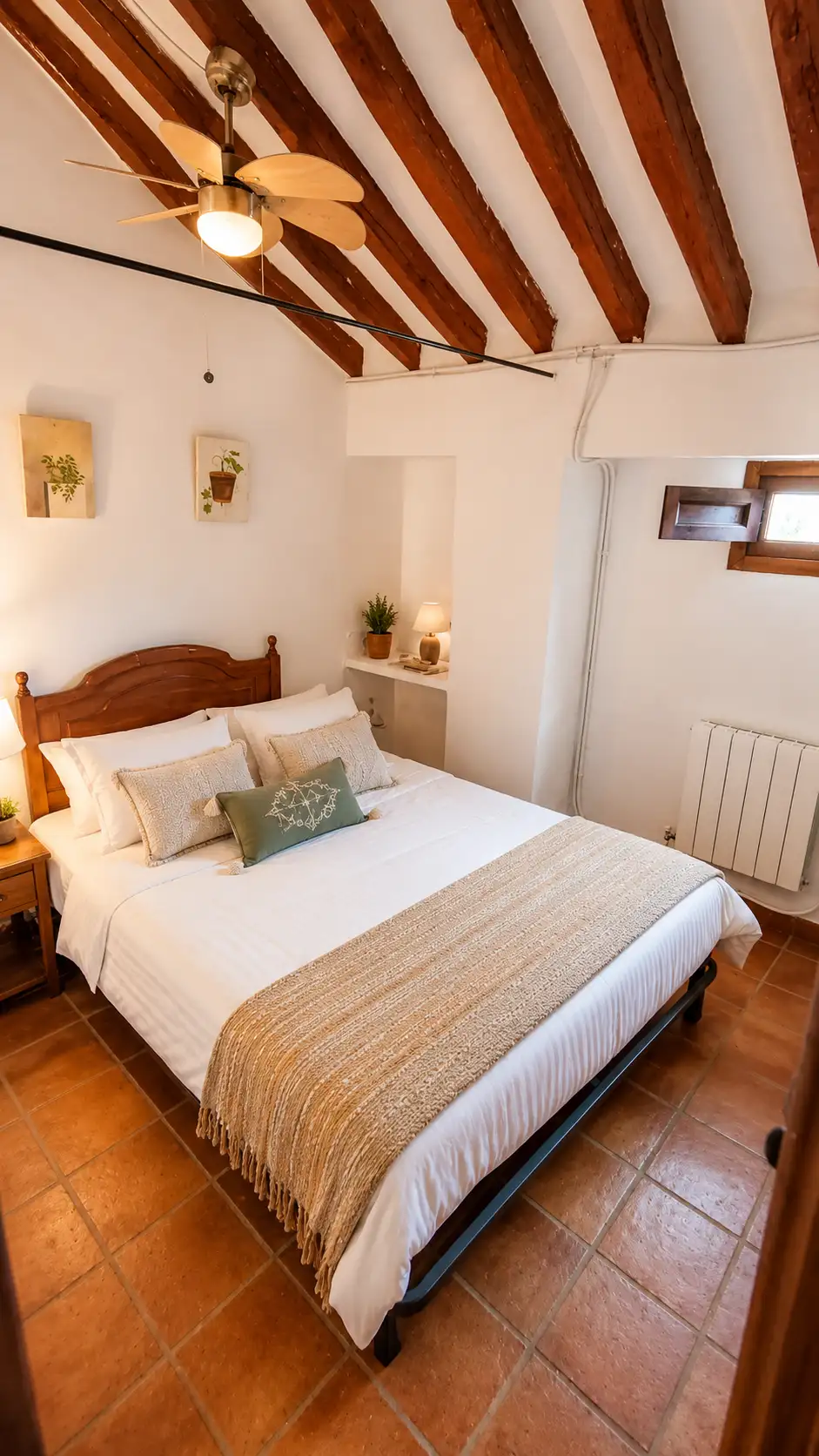 Dormitorio de la casa rural con vigas de madera