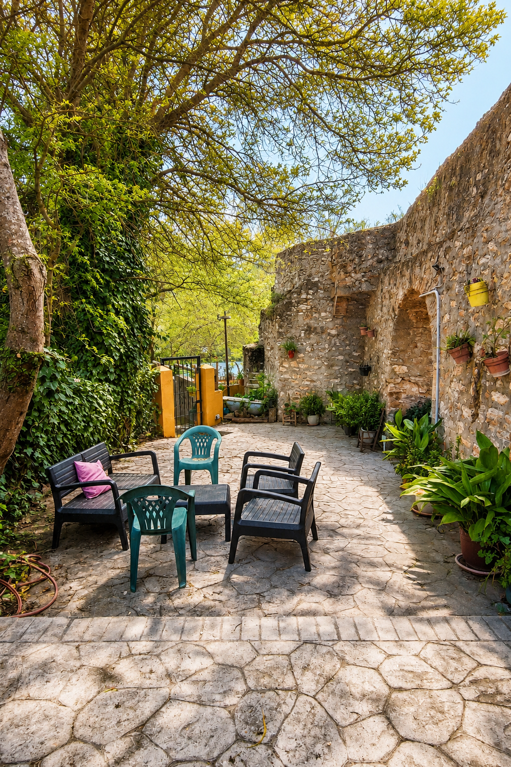 Fachada blanca y patio empedrado de Molino Jabonero
