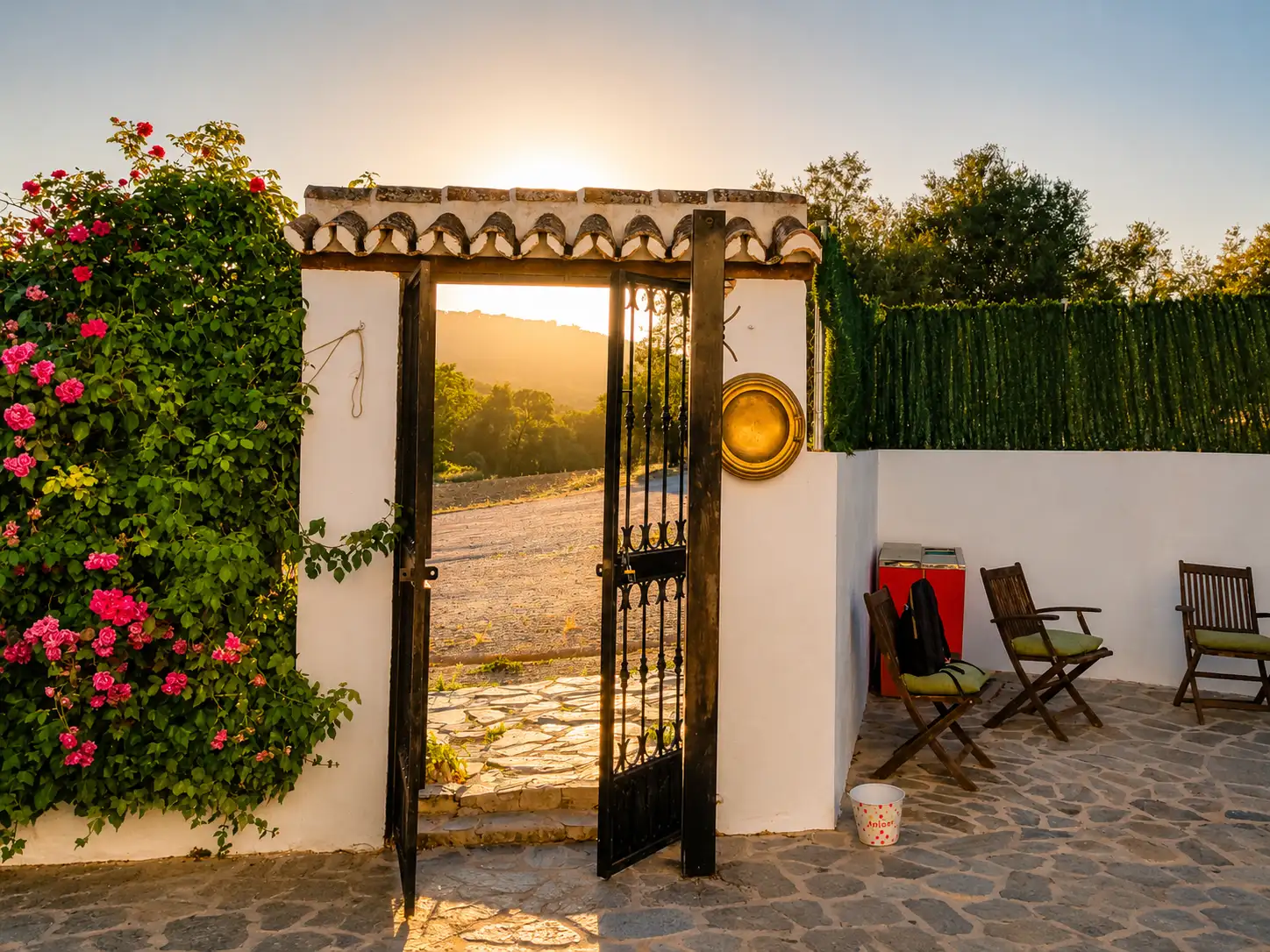 Arco de piedra del antiguo acueducto enmarcando la fachada blanca del cortijo