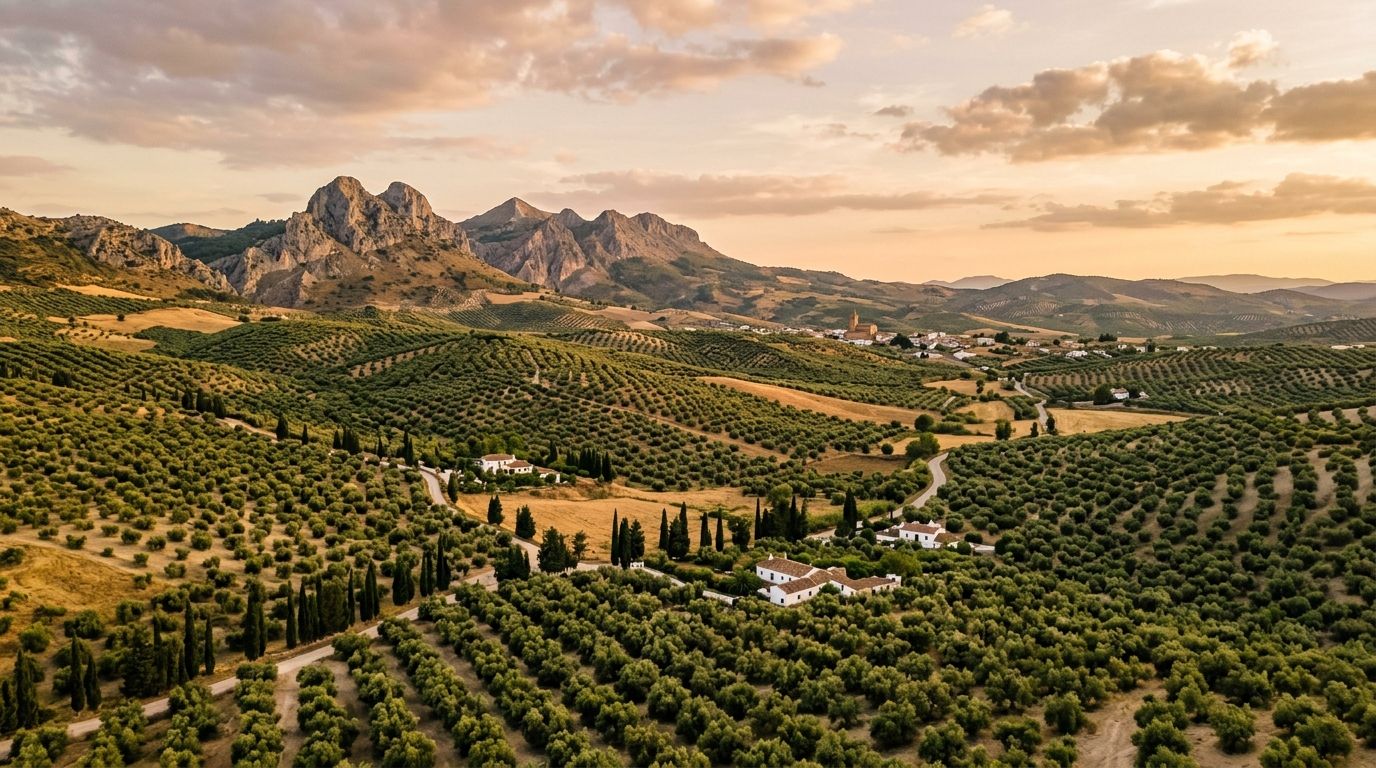 Sierras y olivares al atardecer, con un pueblo de casas blancas en el valle.
